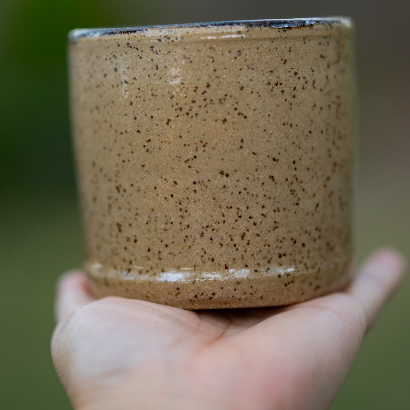 Hand holding a brown speckled ceramic cup against a blurred natural background